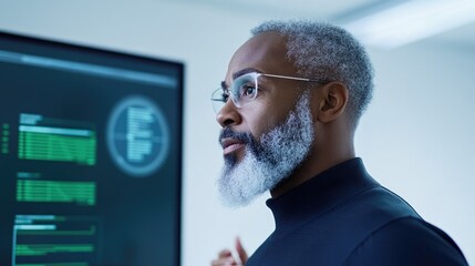 Focused man analyzing data on screen, showcasing advanced techno