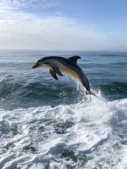 Fototapeta premium Dolphin leaps over ocean waves in bright sunlight
