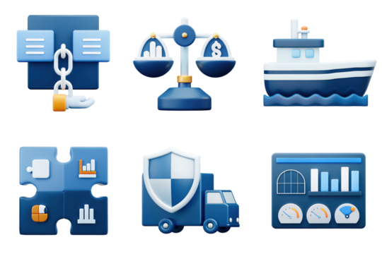 Modern icons representing business logistics, finance, shipping, and data analysis in blue tones