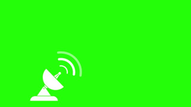 Animated parabola icon: moving satellite dish emitting signal waves to a looping 4k satellite