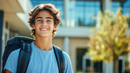 Fototapeta premium Smiling young person with backpack on school campus, ready for learning and new adventures in education and personal growth