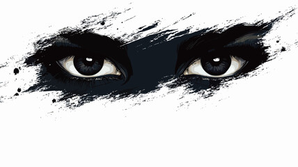 Close-up, stylized illustration of a pair of eyes. The eyes are rendered in high contrast black and white, with dark pupils and intense gaze. A large black abstract brushstroke or paint splatter