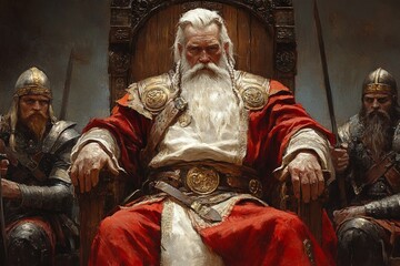 Obraz premium Santa Claus in a regal setting surrounded by warriors with a medieval atmosphere during winter festivities