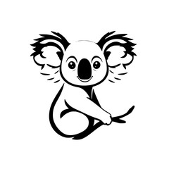 Cute Koala Bear Cartoon Illustration. Black and white drawing of a koala sitting on a branch in a happy mood.