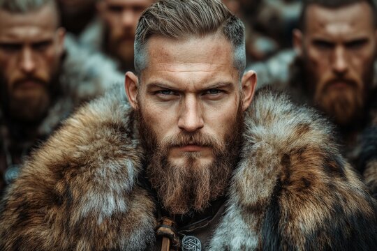 Fierce warriors clad in furs stand united, showcasing strength and determination at a medieval gathering