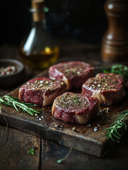 Juicy steaks seasoned with herbs ready for grilling