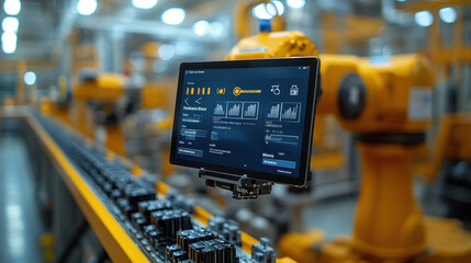 Tablet displaying AI-driven predictive maintenance alerts, mounted on a robotic workstation