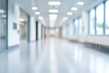 Fototapeta premium Blurred background of a corridor in hospital or clinic. Concept for hospital or medicine advertisement. Nation Doctor’s Day