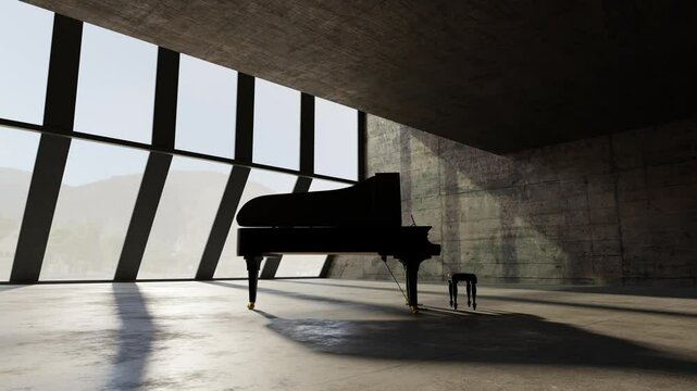 Elegant grand piano in a modern, minimalist concrete room
