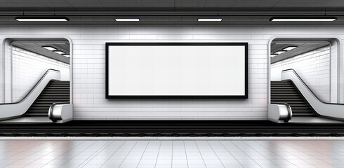 Empty subway station platform with blank advertisement billboard mockup
