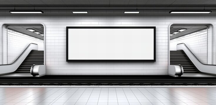 Empty subway station platform with blank advertisement billboard mockup