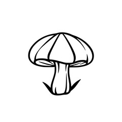 Black and white illustration of a single mushroom on a white background, showcasing a stylized outline.