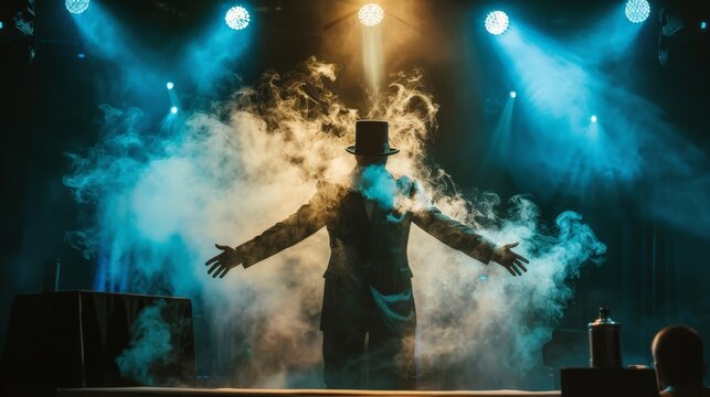 A magician performing a trick with smoke effects on stage with