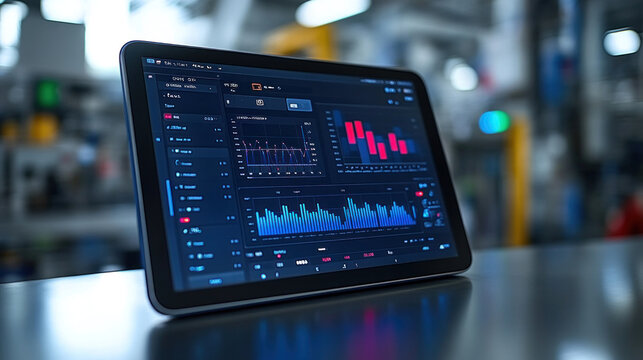 Tablet displaying factory monitoring software, tracking temperature, humidity, and machine performance in real time