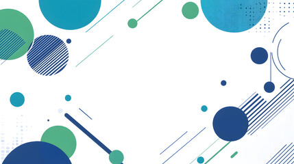 Vector graphic with a white background featuring blue and green circles, stripes, lines, dots, geometric shapes
