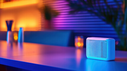 compact white speaker sits on modern table in vibrant, colorful lounge setting