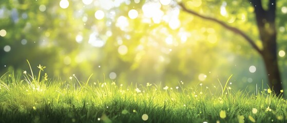 Nature background with green grass, sunlight filtering through trees, soft bokeh effect, vibrant spring scene, fresh outdoor landscape, serene environment.