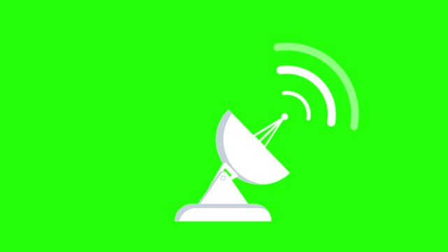 Animated parabola icon: moving satellite dish emitting signal waves to a looping 4k satellite