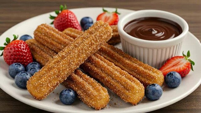 A plate of churros with chocolate sauce and fresh berries