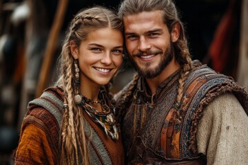 Fototapeta premium Smiling young couple dressed in medieval clothing posing outside a rustic dwelling during a historical festival