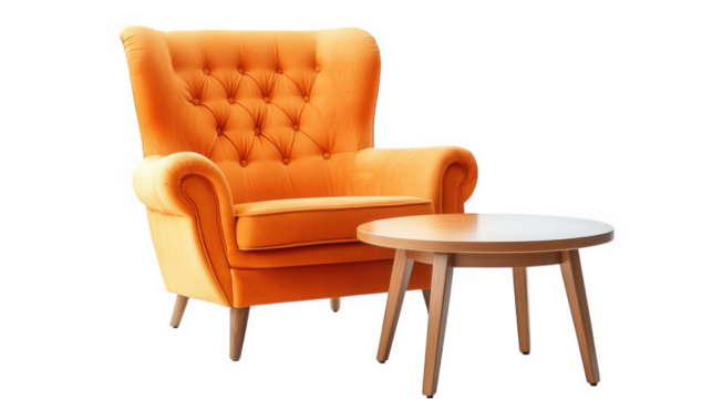 vibrant orange armchair with tufted upholstery. paired with a simple round wooden coffee table this setup suggests a cozy and inviting space. perfect for relaxation or casual gatherings the bright col