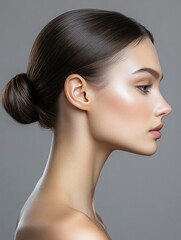 side-view studio portrait of an attractive woman with sleek hair in a low bun, looking slightly down and to the right. She has smooth skin on her neck and shoulders