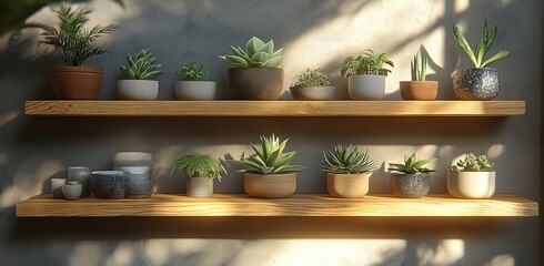 Fototapeta premium Sunlit shelves with diverse succulents displayed in modern planters