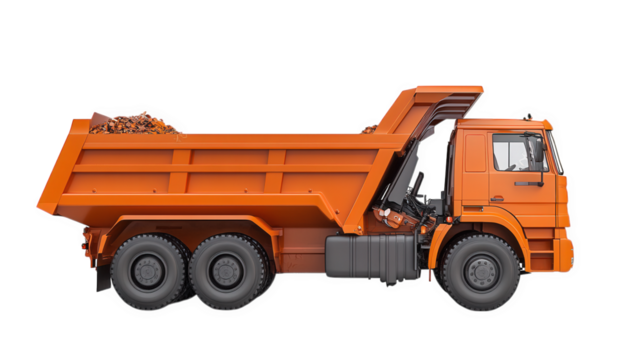 a side view of an orange dump truck with its bed raised. revealing a load of materials. commonly used in construction and transportation of goods the truck is designed for heavy-duty tasks. showcasing