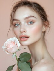 Fototapeta premium close-up portrait of an attractive woman with clear, glowing skin and radiant makeup, holding a pink rose in her hand