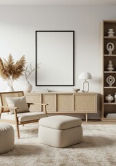 home interior Frame mockup. Living room wall poster mock up. empty mockup with house background. Modern interior design. 3D render