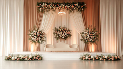 Elegant wedding backdrop adorned with flowers and drapes.