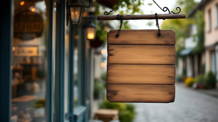 Vintage wooden store signboard awaits branding on an old town street