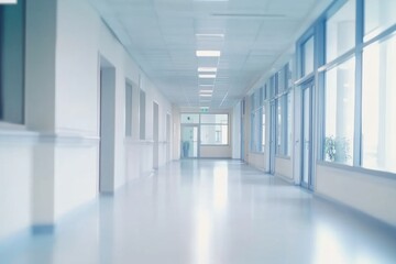 Fototapeta premium Blurred background of a corridor in hospital or clinic. Concept for hospital or medicine advertisement. Nation Doctor’s Day