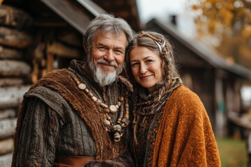 Couple dressed in historical attire posing outdoors near wooden structures in autumn setting