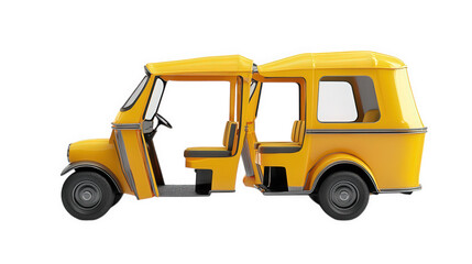 Fototapeta premium a yellow auto rickshaw. a three-wheeled vehicle commonly used for public transportation in urban areas it features a distinctive design with two seats for passengers and an open rear compartment. show