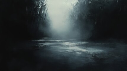 Misty river surrounded by trees, foggy landscape, tranquil water reflection, eerie atmosphere, dark surroundings, nature background for meditation or relaxation.
