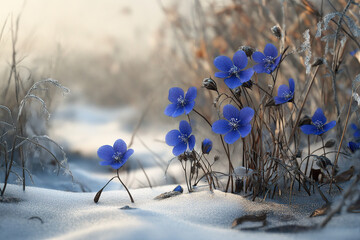 Vibrant Blue Flowers Growing Through Snow