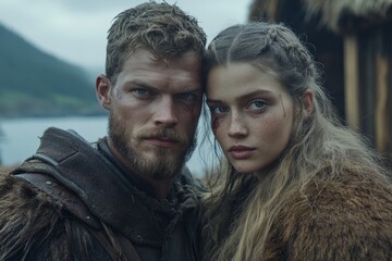 Intense gaze of a couple dressed in historical attire against a rugged landscape in a medieval setting
