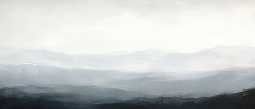 Misty mountain range with soft gray tones, serene landscape, minimalist natural background, tranquil fog over hills, calming artistic scenery.