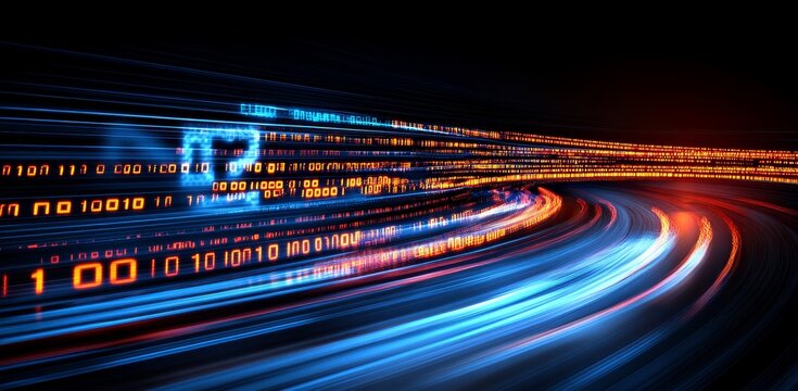Futuristic digital highway with streaming binary code and light trails