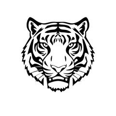 Bold tiger head outline, symmetrical view with piercing eyes, capturing intensity and primal beauty in a stark black and white aesthetic.