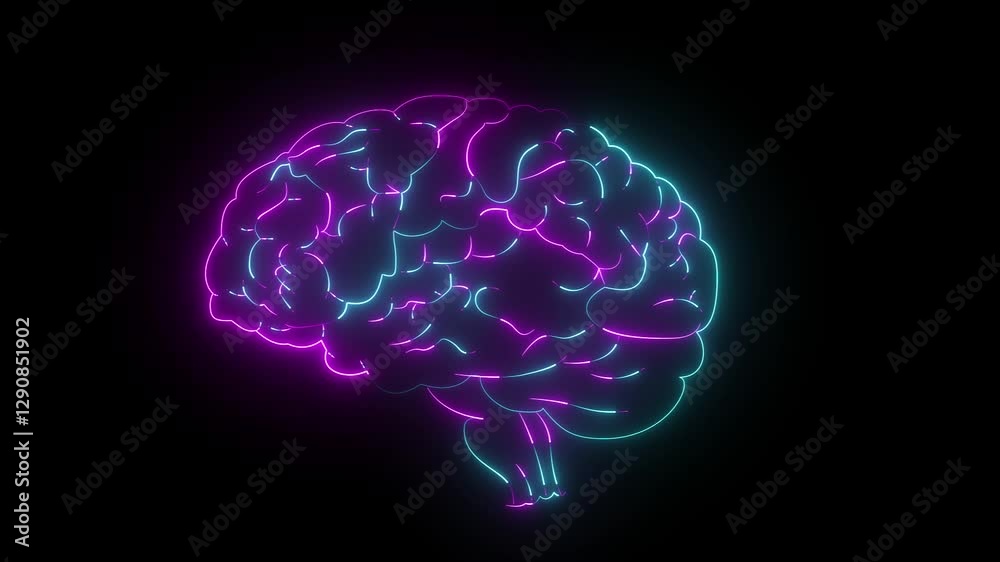 Wall mural computer generated icon of the human brain. neon brain animated neon brain thinking with neon light 