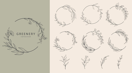 Set of round floral frames, labels and banners with branches. Hand drawn line wedding herbs, elegant leaves for invitation cards, logos, tattoos. Trendy green plants in rustic style vector.