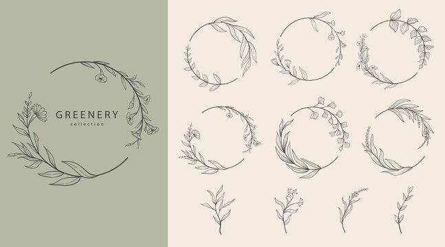 Set of round floral frames, labels and banners with branches. Hand drawn line wedding herbs, elegant leaves for invitation cards, logos, tattoos. Trendy green plants in rustic style vector.