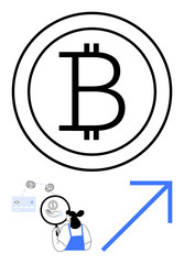 Bitcoin symbol in center. Person analyzing chart with magnifying glass, large blue arrow pointing upwards. Ideal for cryptocurrency analysis, blockchain, finance, investment, digital currency, market