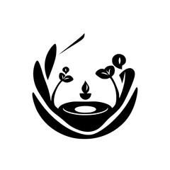 Minimalist depiction of a symbolic lamp and surrounding plants within a circle, set against a white background.