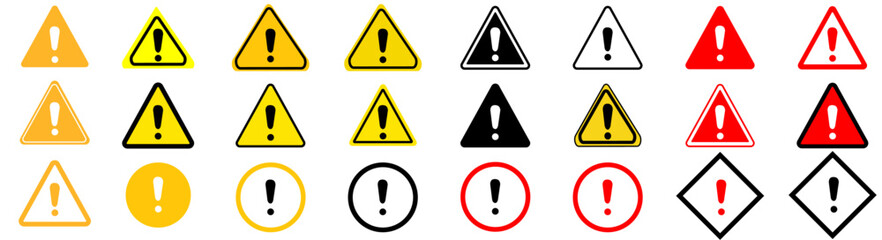 Caution warning signs set. attention vector icon, yellow, red and black fatal error message element, exclamation mark icon vector. Icone danger, danger sign collection, caution alarm set, triangular w