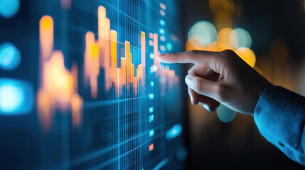 hand interacts with digital financial chart, analyzing data trends