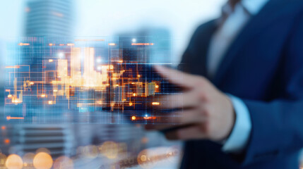 person in suit interacts with digital interface, showcasing technology and innovation