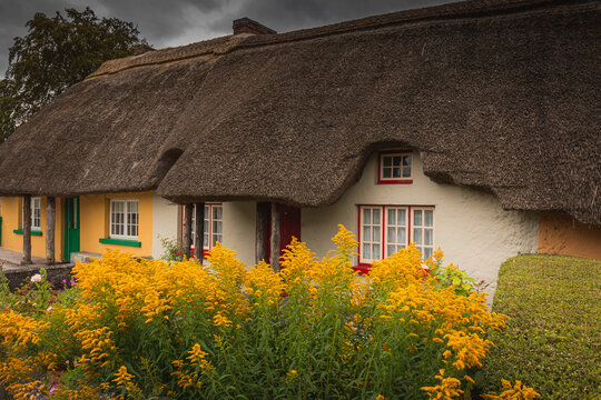 An Enchanting Thatched Cottage Nestled Amidst a Vibrant Display of Bright Flowers. Adare, Ireland 07.21.2019. Thatched cottage in the picturesque Village of Adare, Co. Limerick 2019 Ireland, Europe